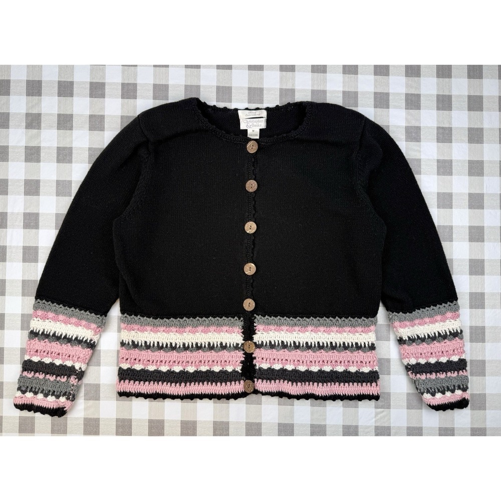 Cottagecore Crochet Cardigan Pink Striped Grandpa‎ Sweater Boho M
